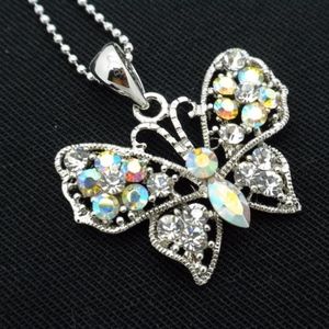 Butterfly AB Crystal Necklace White Gold Plated